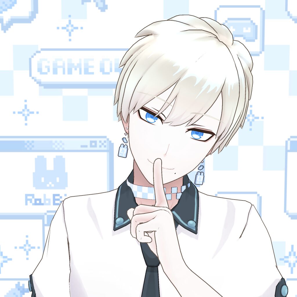 Anime-style portrait of a pale-haired person with blue eyes, finger to lips in a shushing gesture, wearing a white shirt and black tie against a light blue pixel/game-themed background.