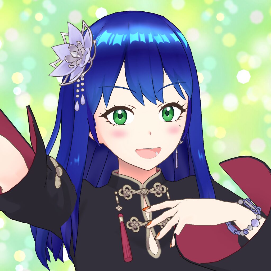 Anime girl with blue hair and green eyes, silver flower hairpin, wearing a black decorative outfit, against a green bokeh background.
