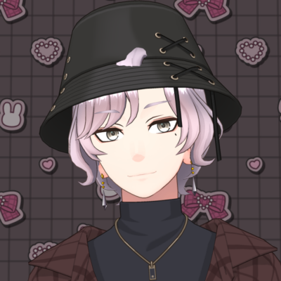 Anime-style portrait of a person with lavender hair wearing a black bucket hat and dark turtleneck against a patterned backdrop.