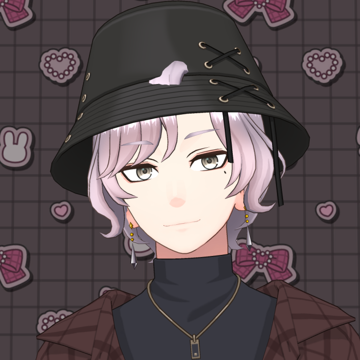 Anime-style portrait of a person with lavender hair wearing a black bucket hat and dark turtleneck against a patterned backdrop.