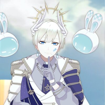 Anime-style boy in white and navy regal outfit with a halo crown, blue eyes, and a shushing gesture, flanked by two blue bunny mascots.