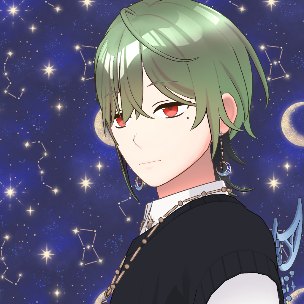 Anime-style portrait of a pale character with short green hair and red eyes, wearing a black vest over a white collar, moon jewelry, set against a starry night sky.