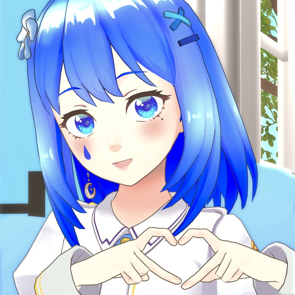Young anime girl with blue hair making a heart shape with her hands, wearing a white shirt and starry earrings in a bright room.