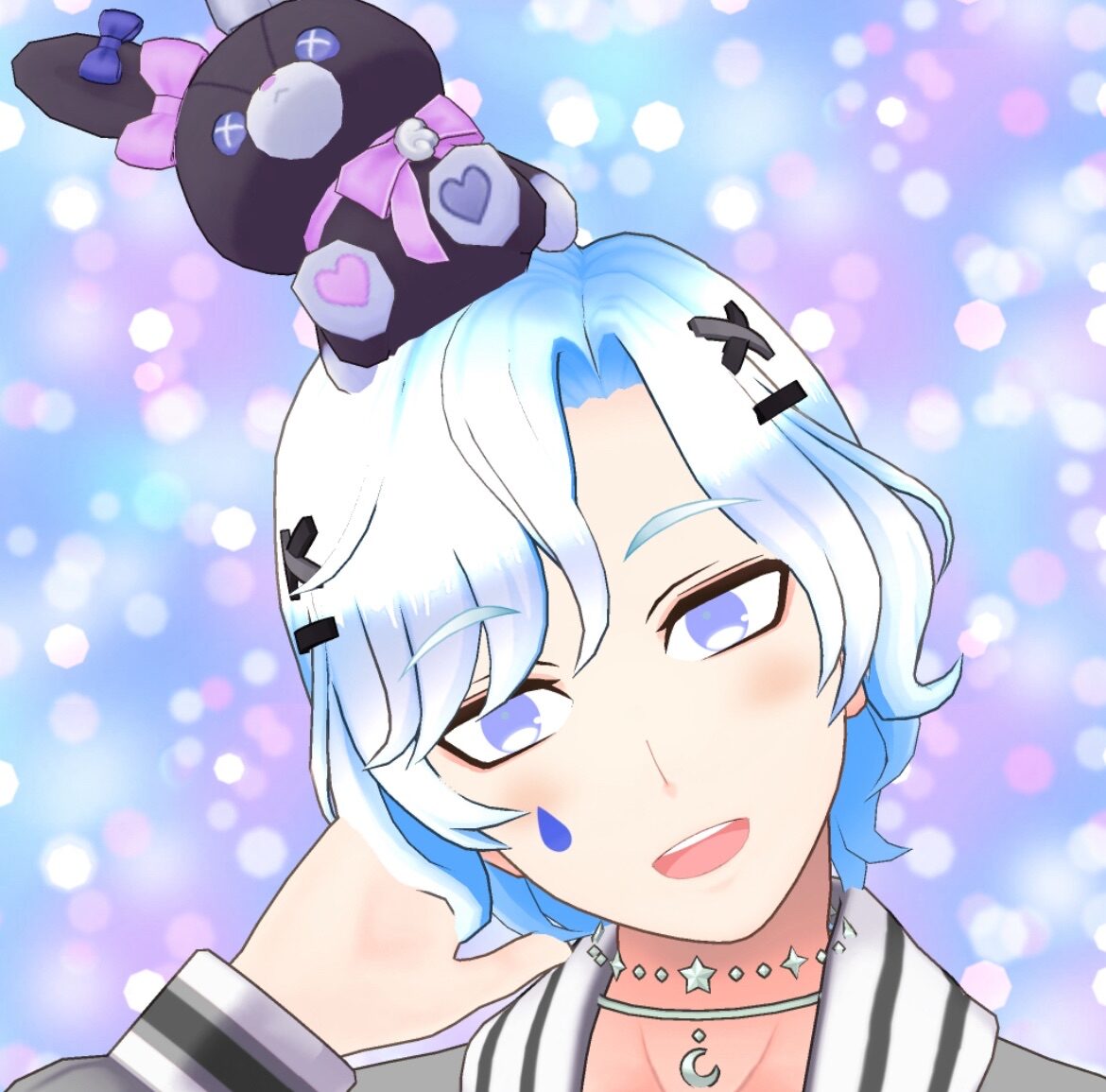 Anime-style character with pale blue hair wearing a black plush bear hat adorned with pink bows against a pastel bokeh background.