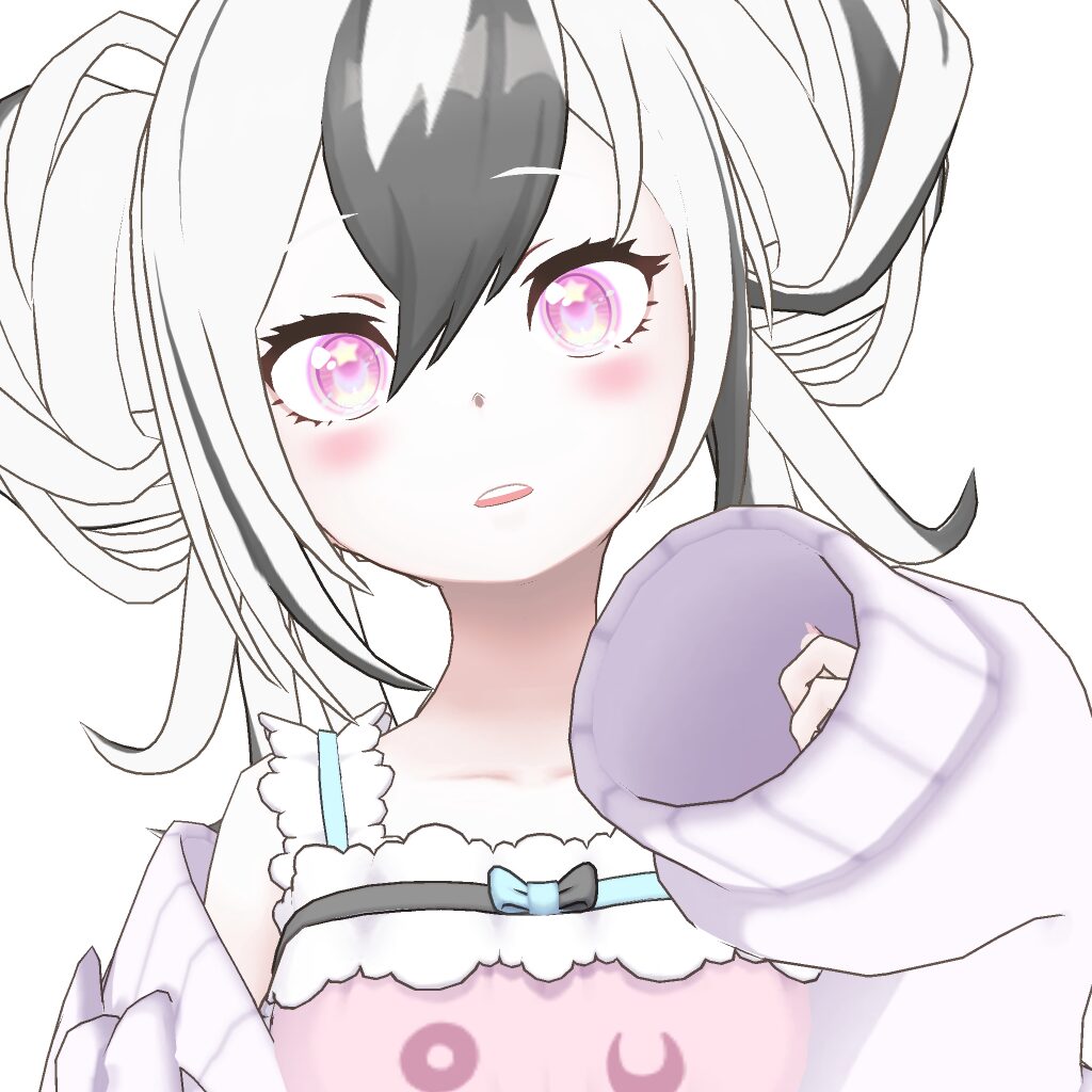 Anime-style girl with pink sparkling eyes and blush, holding a soft purple round object toward the viewer in a pastel outfit.