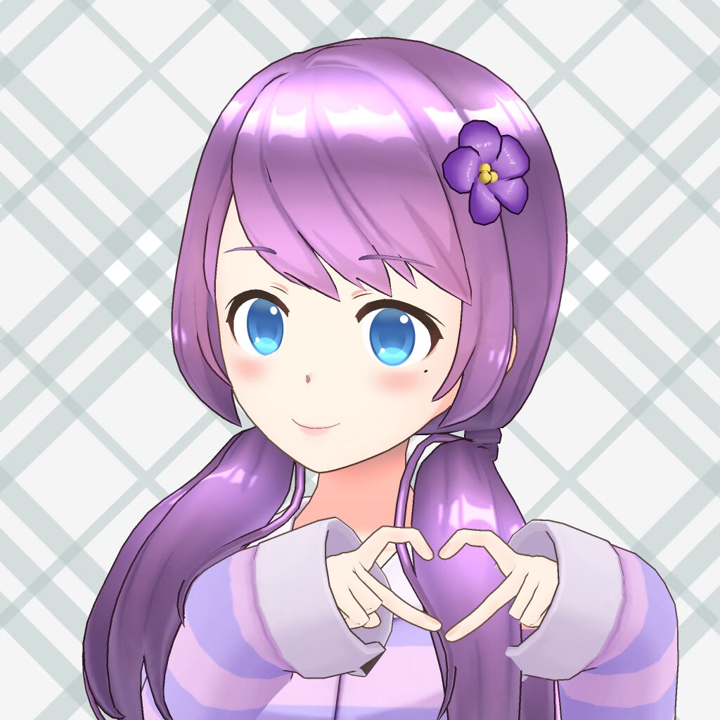 Cute anime girl with purple hair and a flower in her hair, forming a heart shape with her hands against a plaid background
