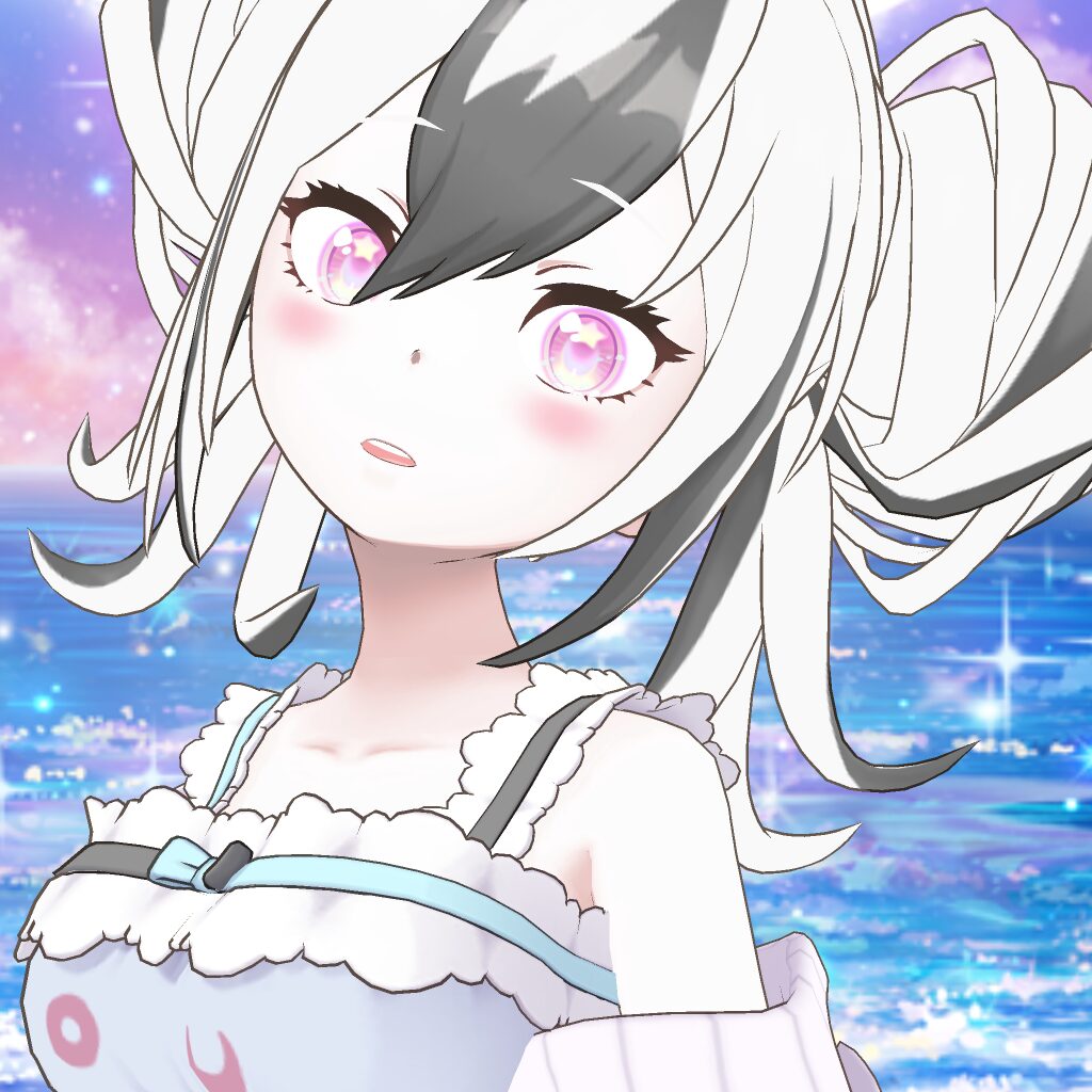 Anime-style girl with light hair and pink eyes in a frilly white-and-blue outfit, standing by a glittering ocean under a pastel sky.