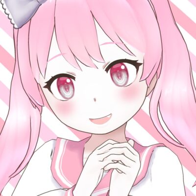 Cheerful anime girl with pink hair and rosy cheeks, clasping her hands in front of a pink-striped background.