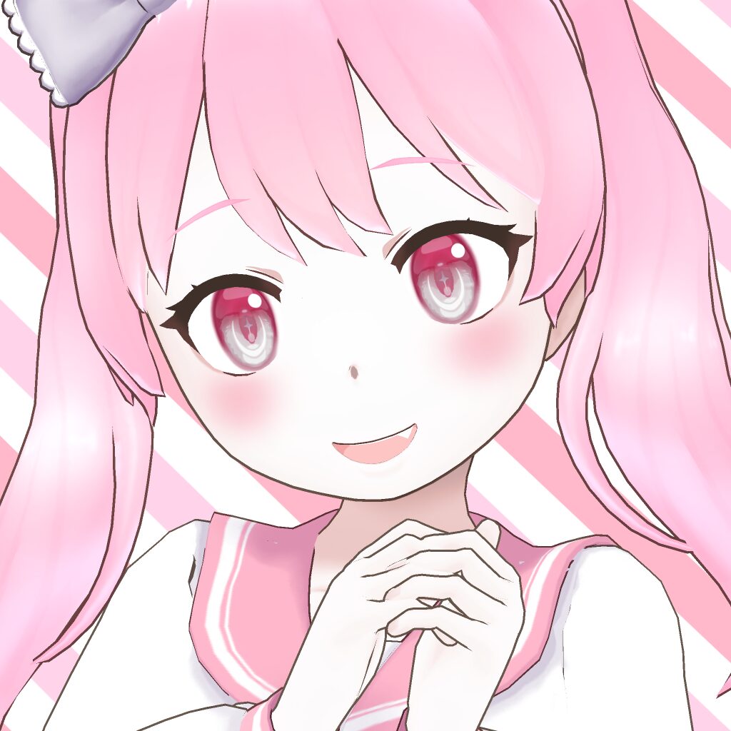 Cheerful anime girl with pink hair and rosy cheeks, clasping her hands in front of a pink-striped background.