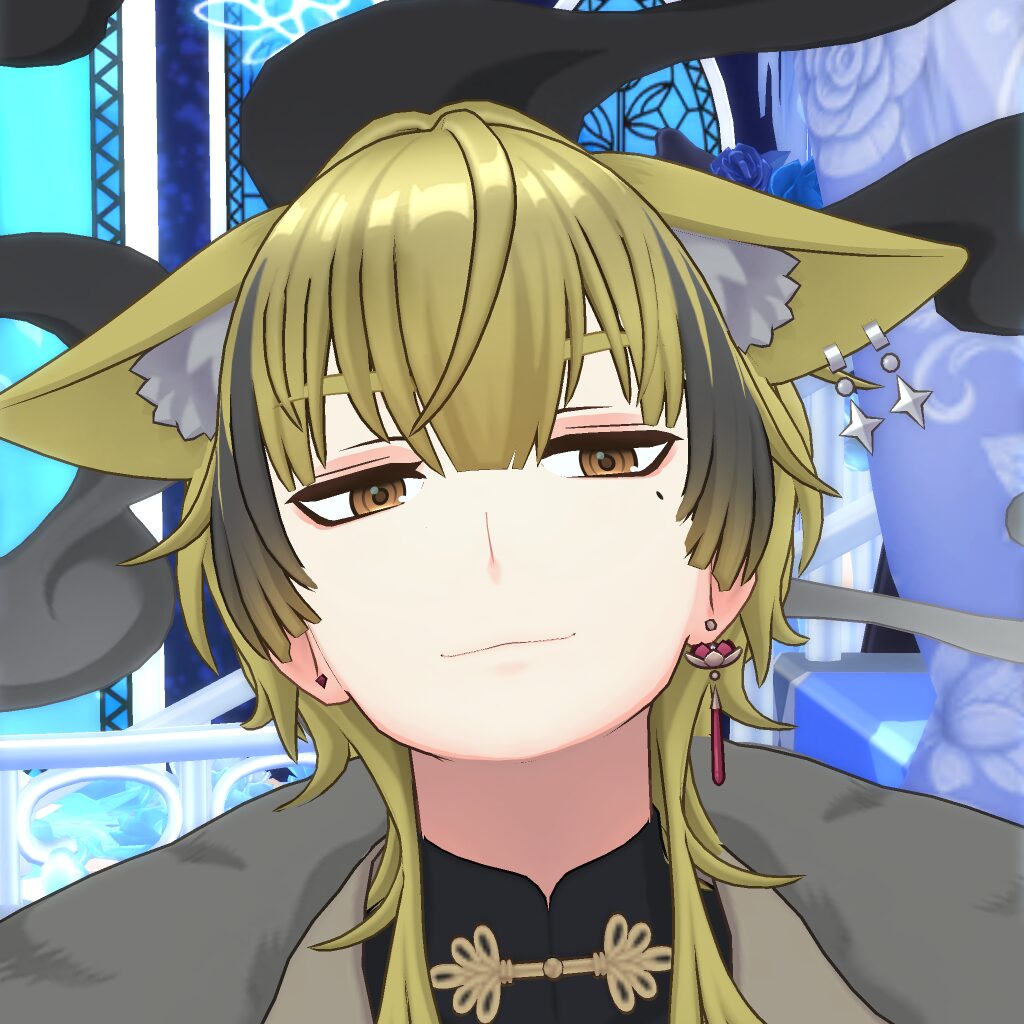 Anime-style elf character with blond hair and long ears, wearing a black-and-gold outfit, in a blue-lit stage background, looking serene.
