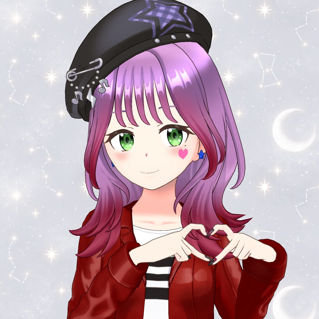 Anime-style girl with green eyes and purple-pink hair, wearing a black hat and red jacket, forming a heart shape with her hands.