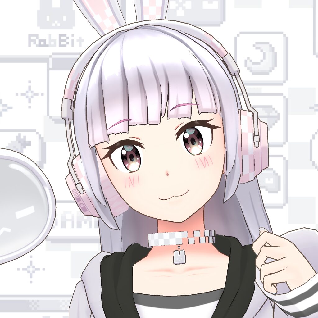Anime-style girl with silver hair wearing pink over-ear headphones and bunny-ear headband, smiling softly against a tech-themed background, with a checkered choker necklace and white-and-black outfit