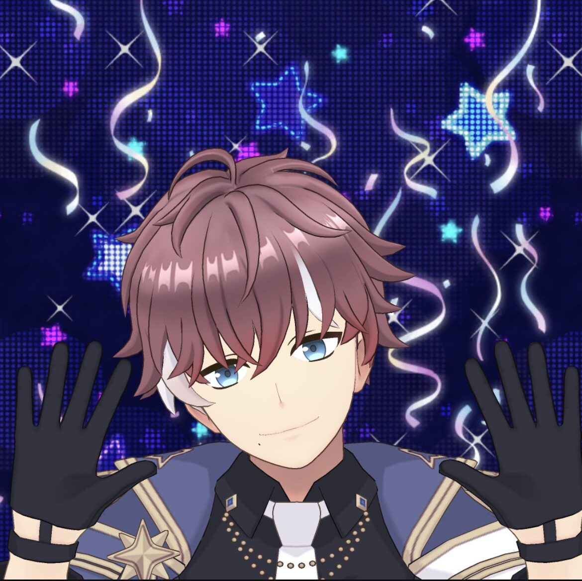 Anime-style young man with brown hair and blue eyes raises hands in a celebratory pose against a neon starry background with confetti.