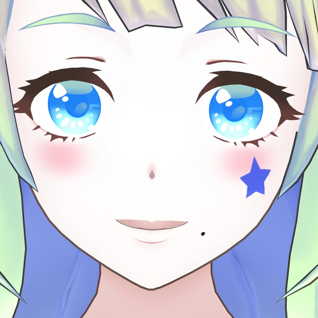 Close-up of anime-style face with large blue eyes, pink cheeks, and a blue star sticker on the right cheek.