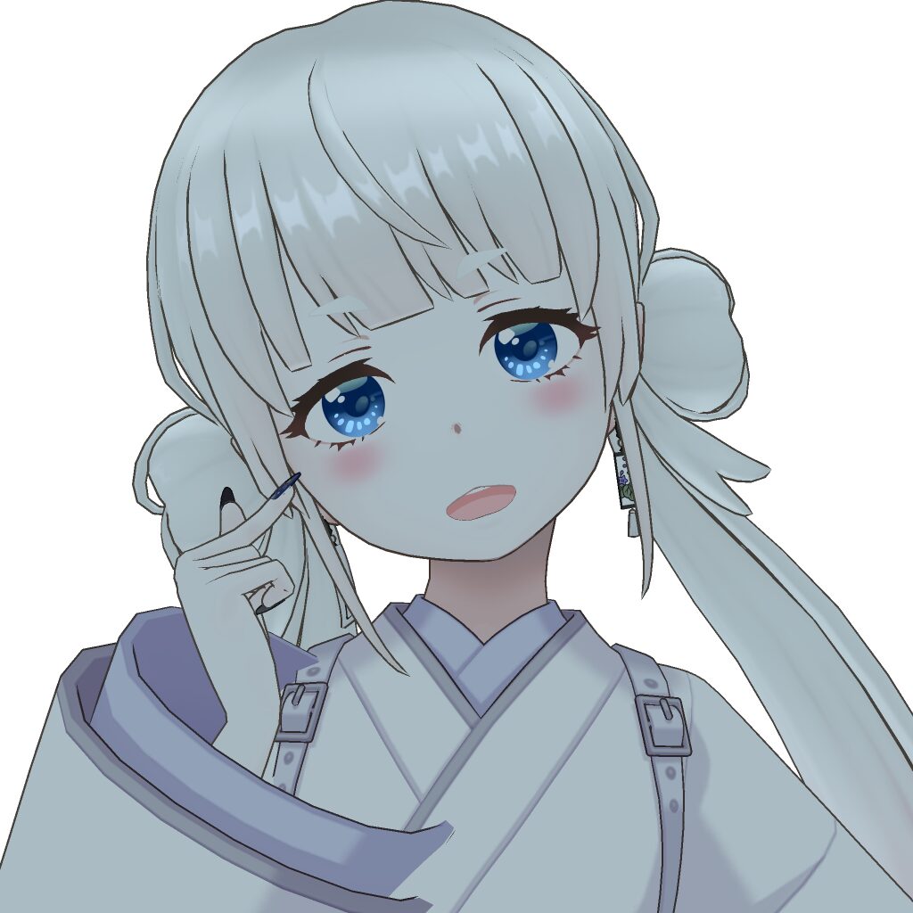 Anime-style girl with pale skin, light blue hair in twin buns, and blue eyes, touching her cheek.