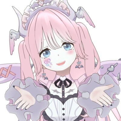 Anime-style pink-haired girl in a frilly pastel outfit with wings, smiling and extending her hands toward the viewer, inviting gesture