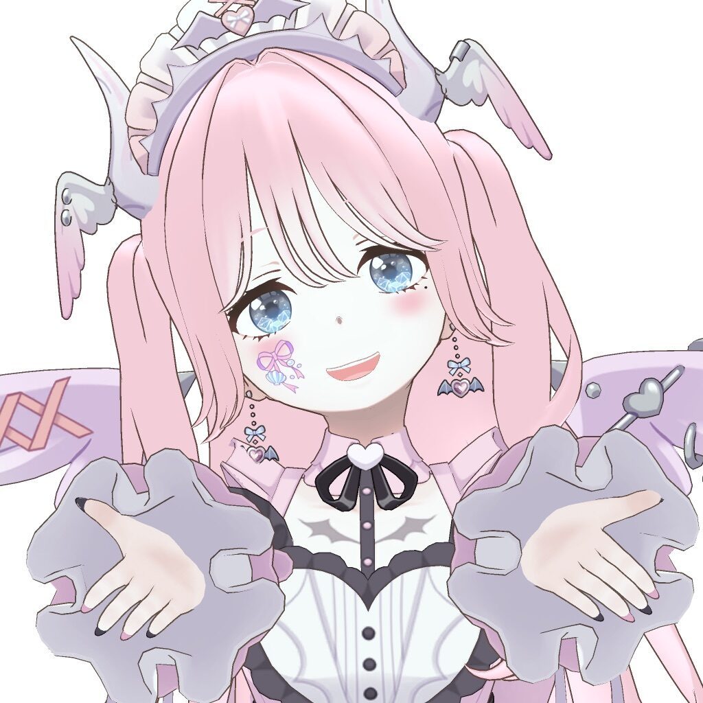 Anime-style pink-haired girl in a frilly pastel outfit with wings, smiling and extending her hands toward the viewer, inviting gesture