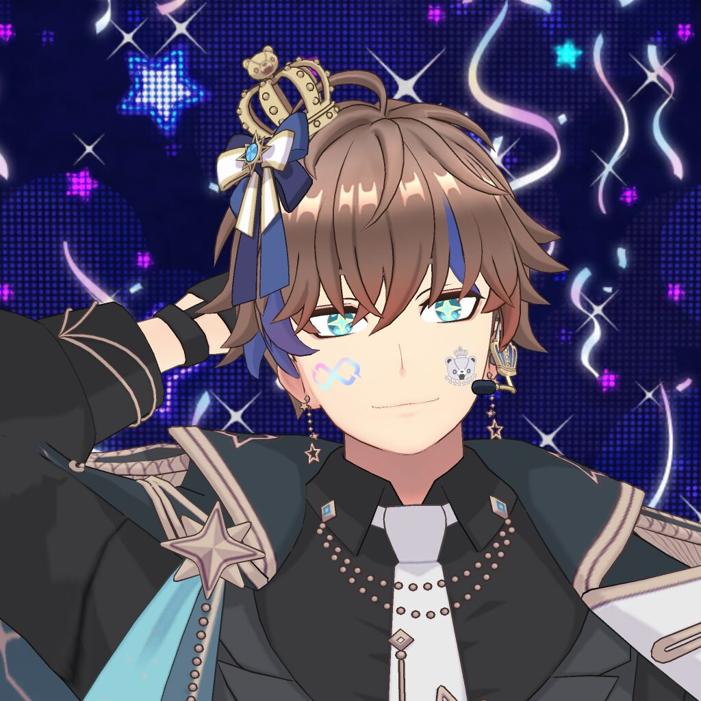 Anime-style male idol with brown hair, wearing a crown and blue bow, performing on a glittery stage with star accessories and a mic headset.