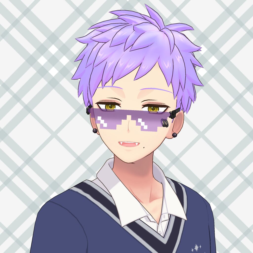 Anime-style character with lavender hair wearing pixelated purple sunglasses, smiling against a light plaid background.