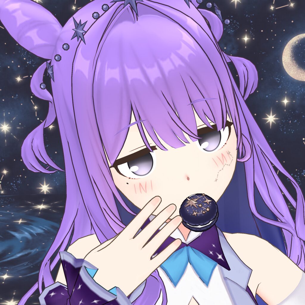 Anime girl with long lavender hair in a starry space backdrop, wearing a purple-blue outfit, about to bite a dark macaroon near her mouth.