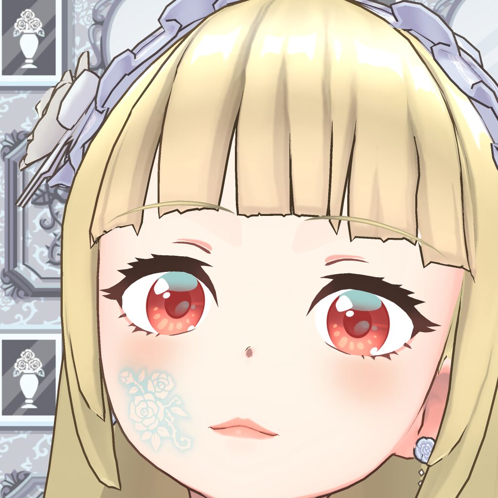 Close-up of an anime-style girl with blonde hair, red eyes, and a pale blue floral tattoo on her left cheek, wearing a blue flower earring, with an ornate patterned background.