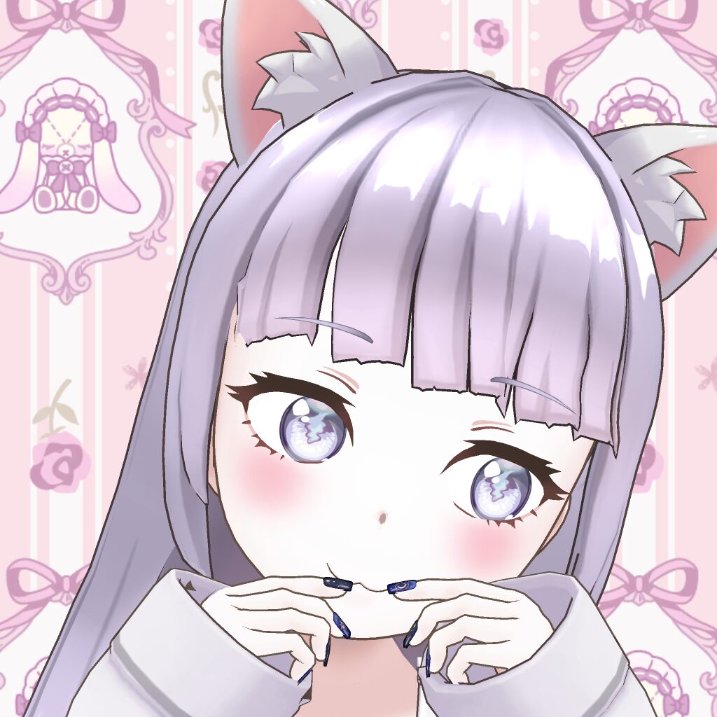 Cute anime girl with lavender hair and cat ears, blush on cheeks, hands near mouth, pastel pink patterned background