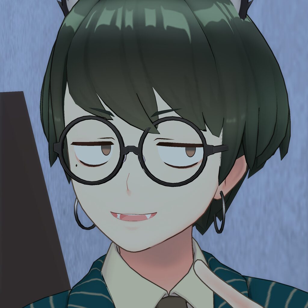 Anime-style character with green hair, round glasses, hoop earrings, and a striped blazer, smirking at the viewer.