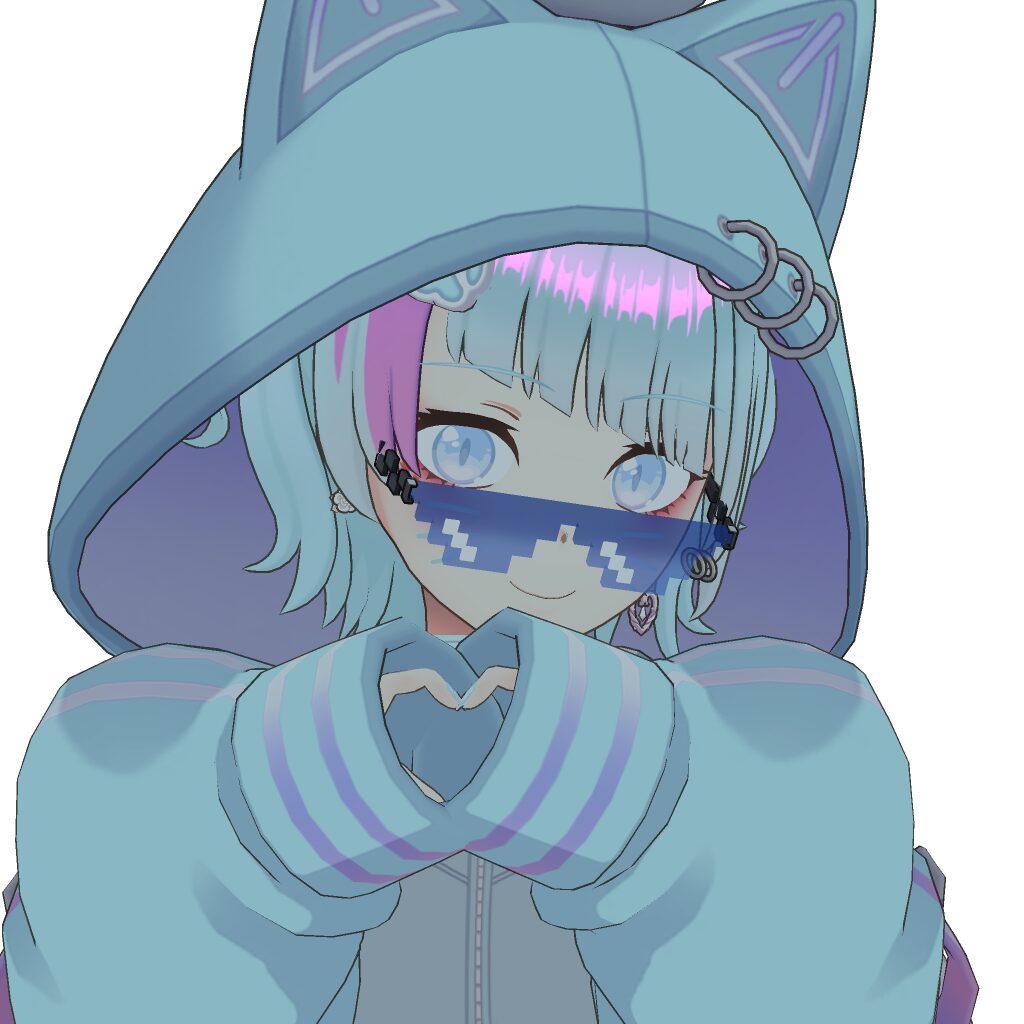 Anime-style girl in a blue hoodie with cat ears, wearing pixelated sunglasses and forming a heart with her hands.