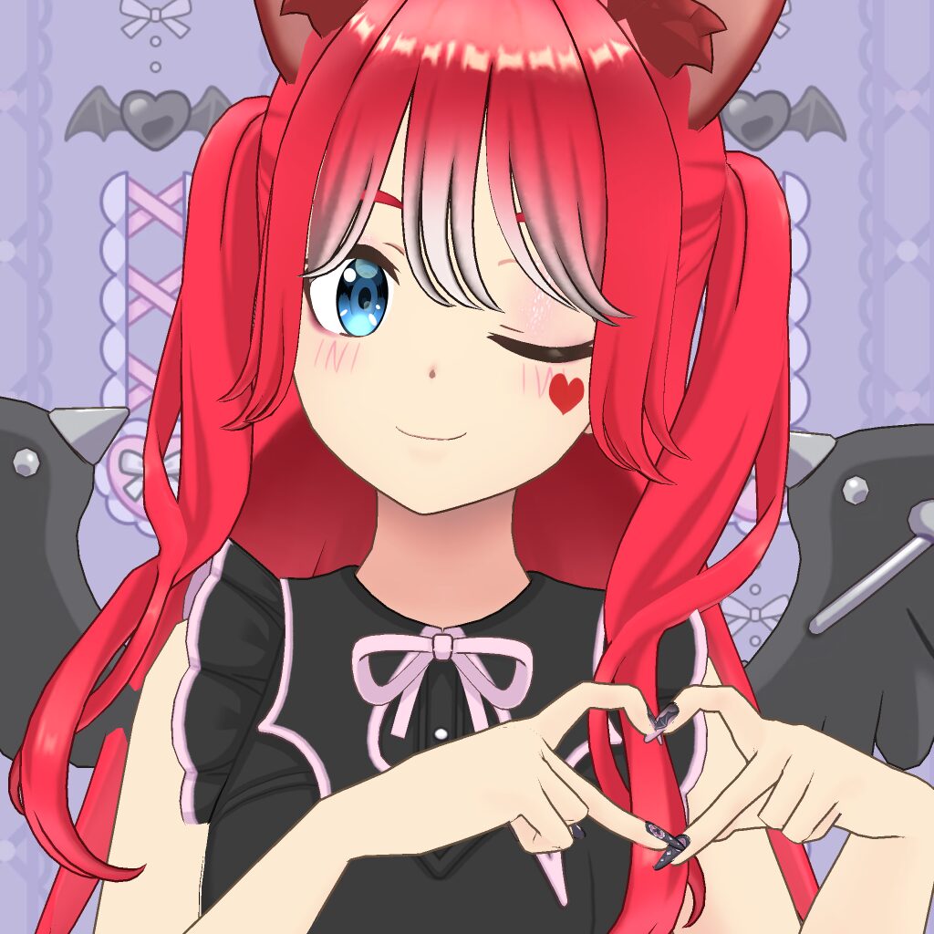 Anime-style girl with bright red hair winking, forming a heart with her hands against a purple patterned background, heart on her cheek.