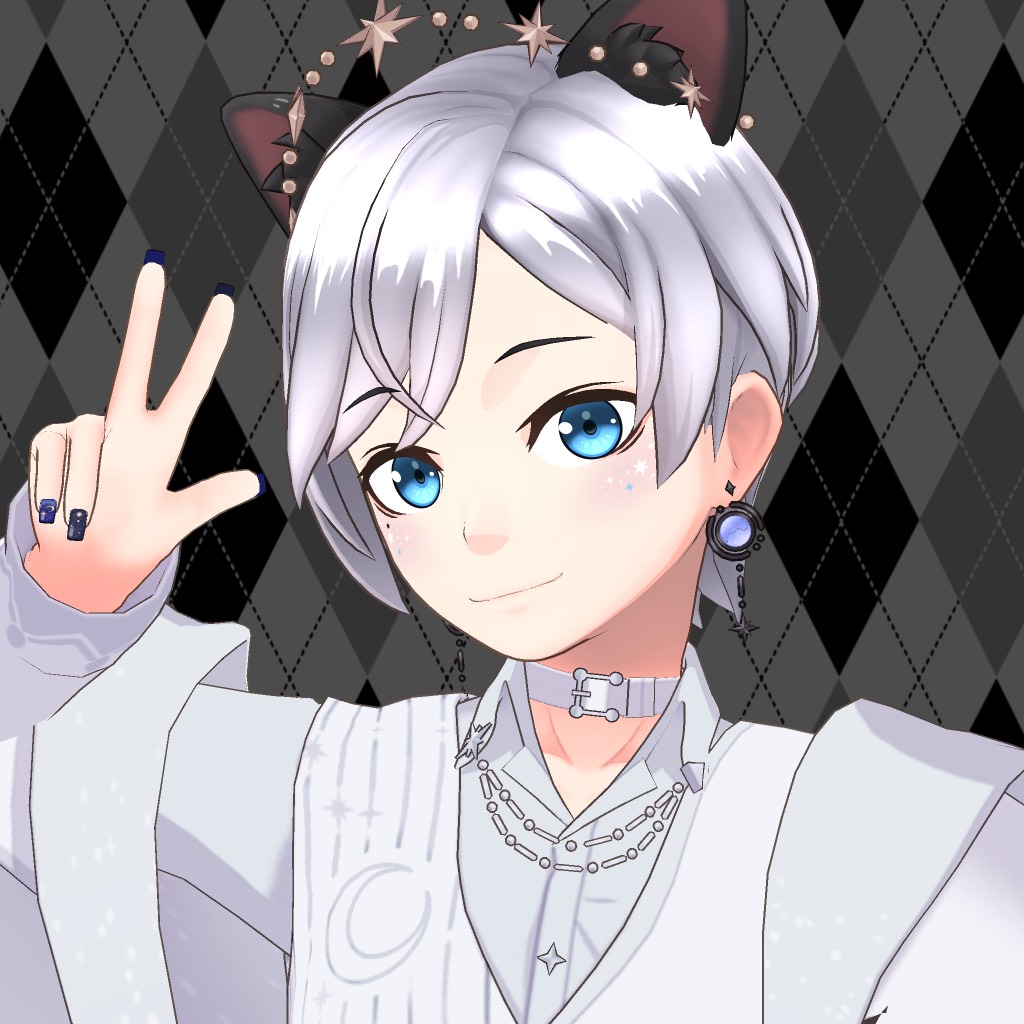 Anime-style portrait of a silver-haired person with blue eyes giving a peace sign, wearing a white outfit and accessories against a dark diamond backdrop.
