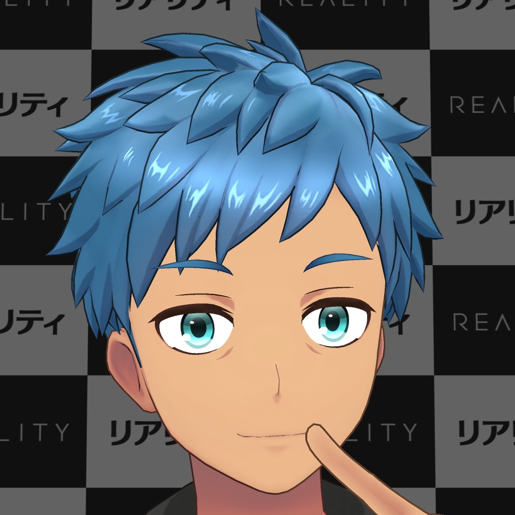 Cartoon avatar of a person with bright blue hair and teal eyes, finger resting on the chin, facing forward, with a black-and-gray checkerboard background.