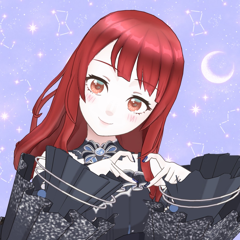 Animated red-haired girl in a dark frilled outfit smiling, hands forming a heart, against a starry purple sky with constellations.