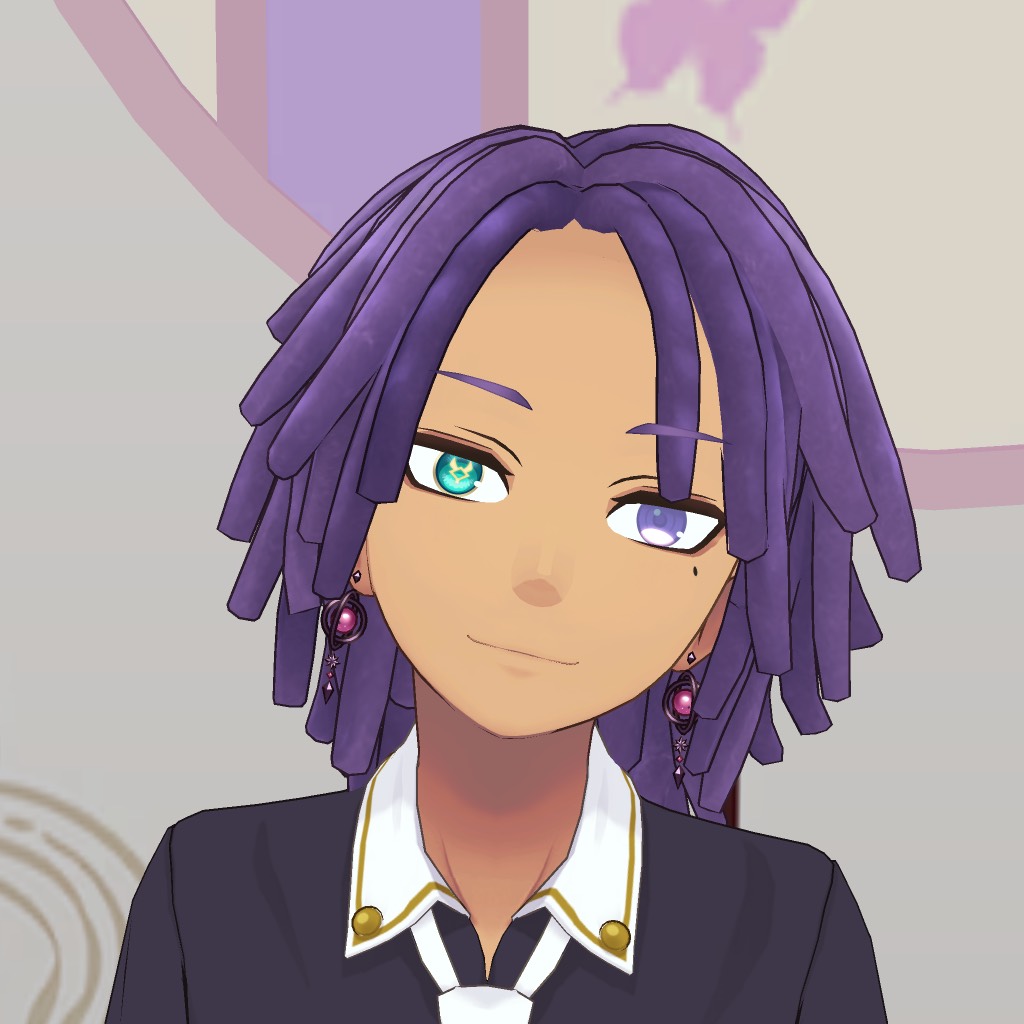 Anime-style character with purple hair and two-toned eyes, wearing a dark blazer and white-collared shirt, smiling softly.