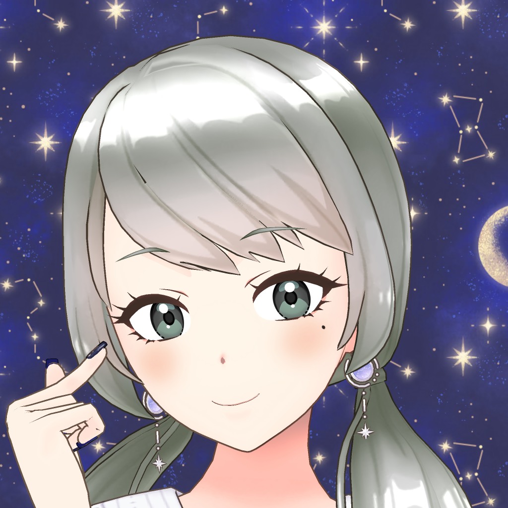Anime-style girl with silver hair and green eyes, touching her temple, set against a starry night sky with constellations.