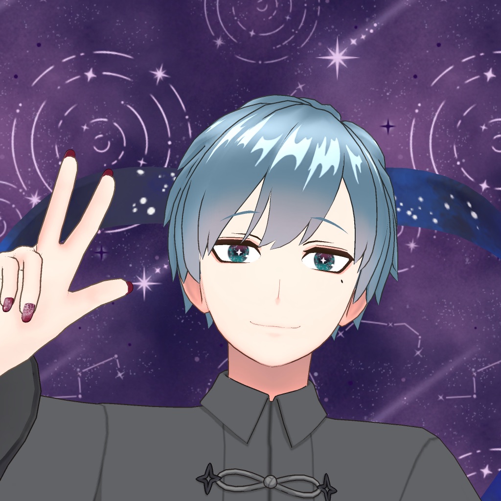 Anime-style character with blue hair smiling and making a peace sign against a purple starry space backdrop.