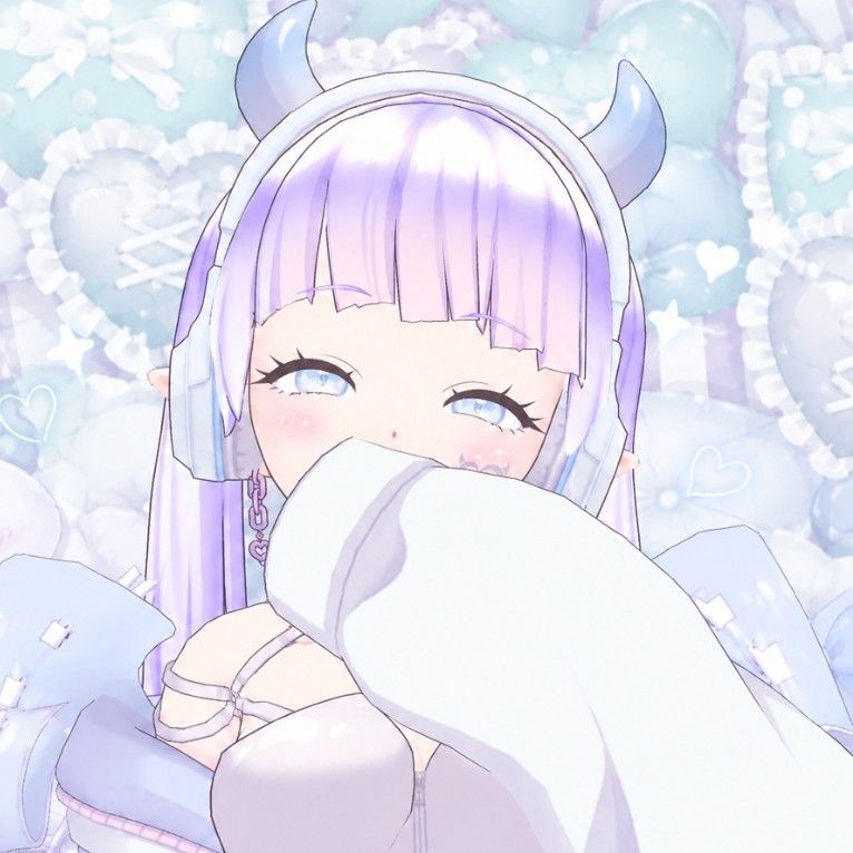 Anime-style girl with lavender hair and horn-shaped headphones, smiling shyly as she covers her face with a sleeve against a pastel blue background.