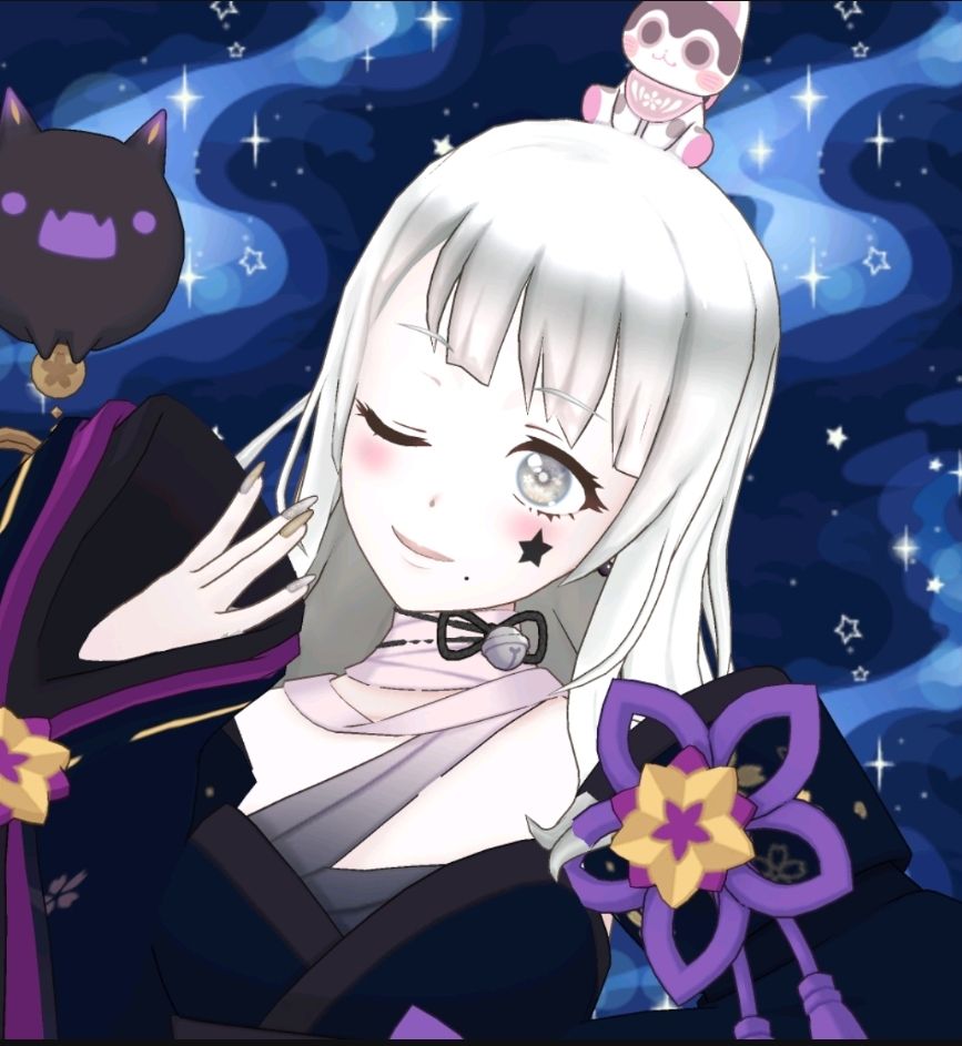 Anime-style girl with silver hair winking, wearing black and purple outfit with flower motifs, set against a starry night backdrop with accessories.