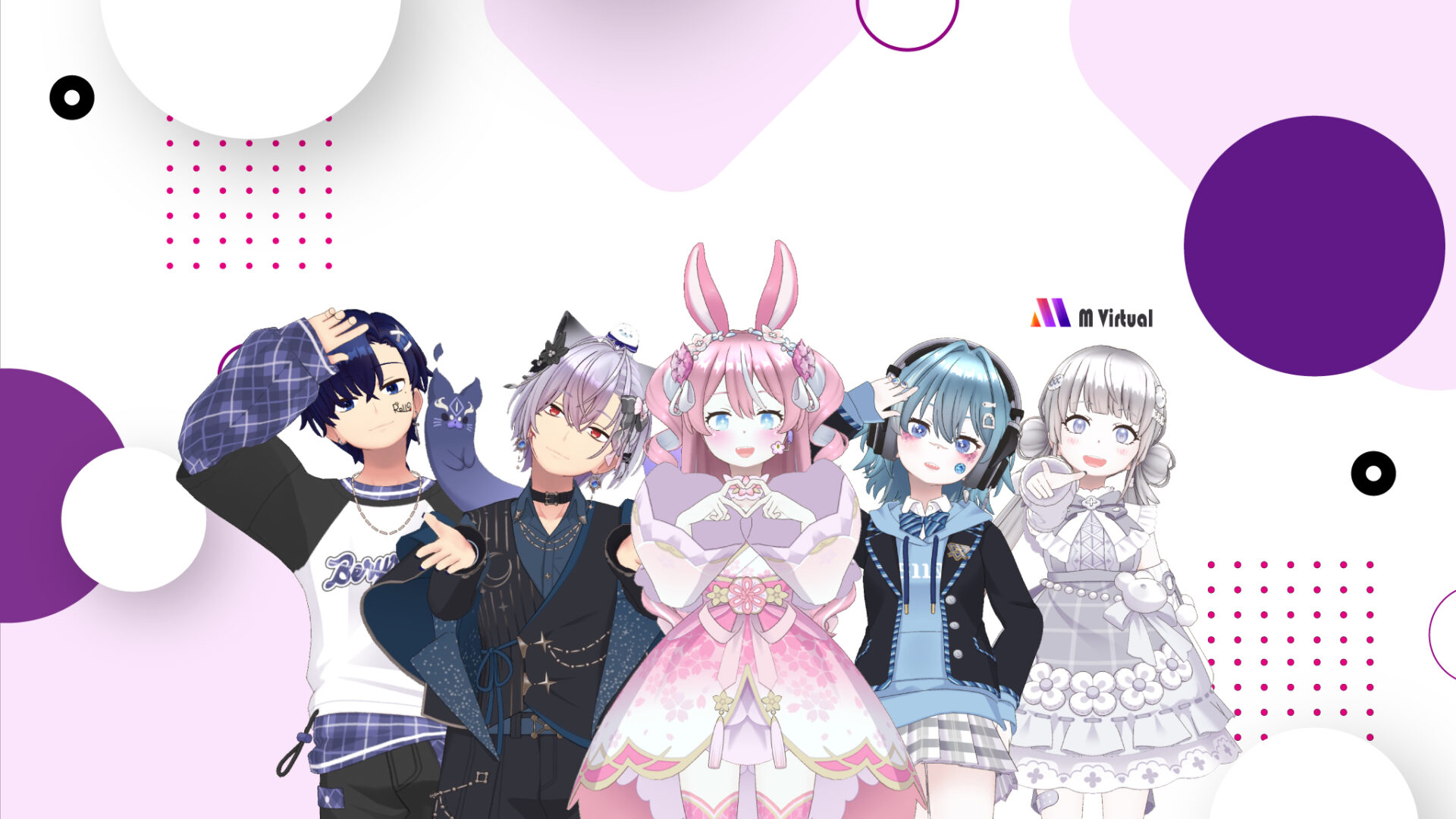ch_art_templete | M Virtual(エムバーチャル) - Vライバーマネジメント事務所 Five anime-style characters stand together at a colorful abstract header with pink and purple shapes and a small M Virtual logo on the right.