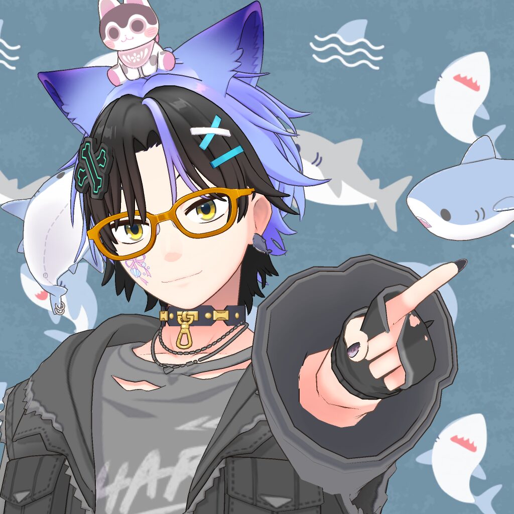 Anime-style character with purple-black hair, orange glasses, cat-ear hat, and a pointing gesture toward the viewer.