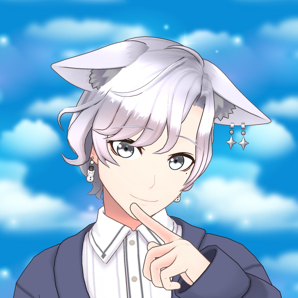 Anime-style character with silver hair and cat ears, touching their chin, wearing a white shirt and dark jacket against a blue sky background.