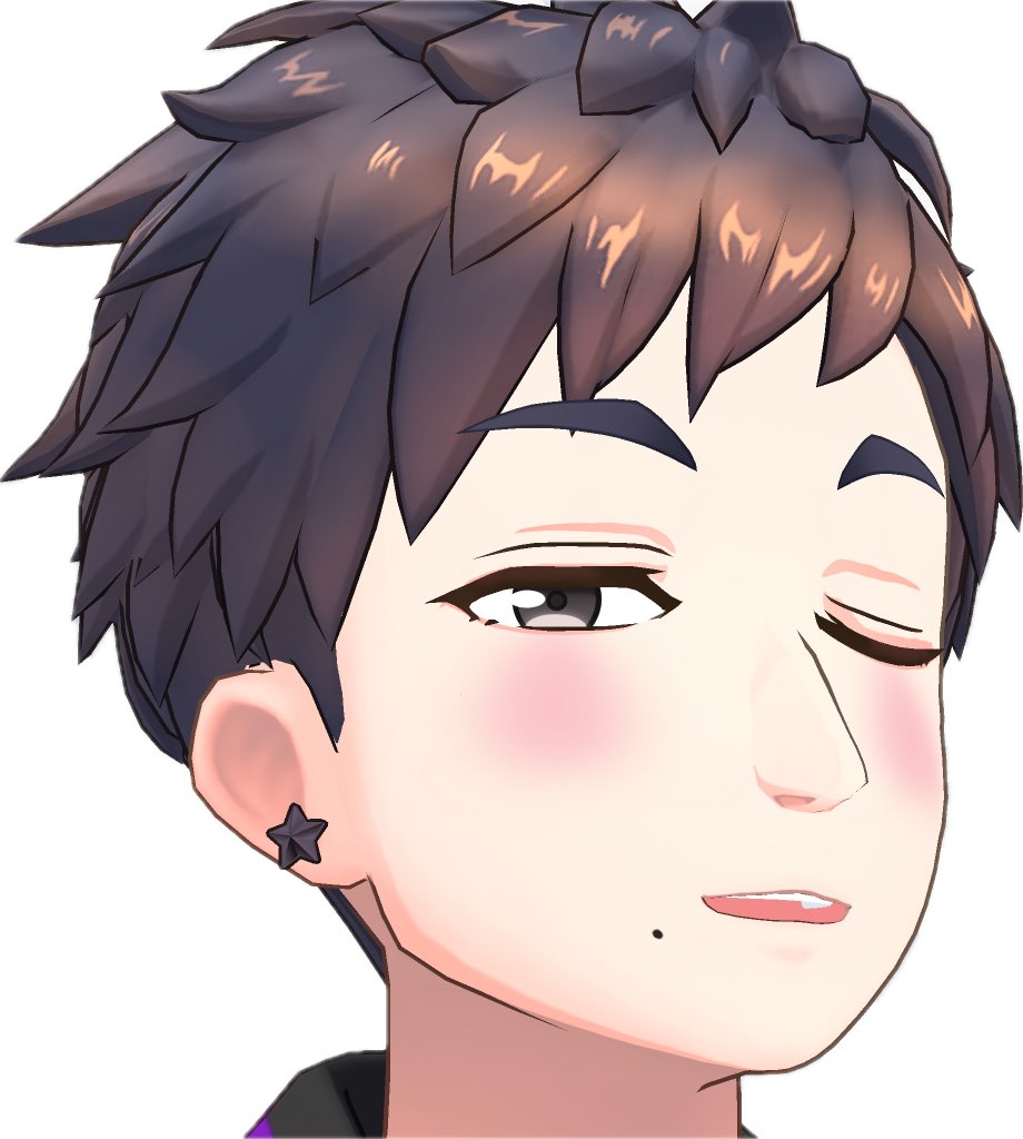 Close-up anime-style portrait of a person winking, with short dark hair, pink cheeks, star-shaped earring, and a small chin mole.