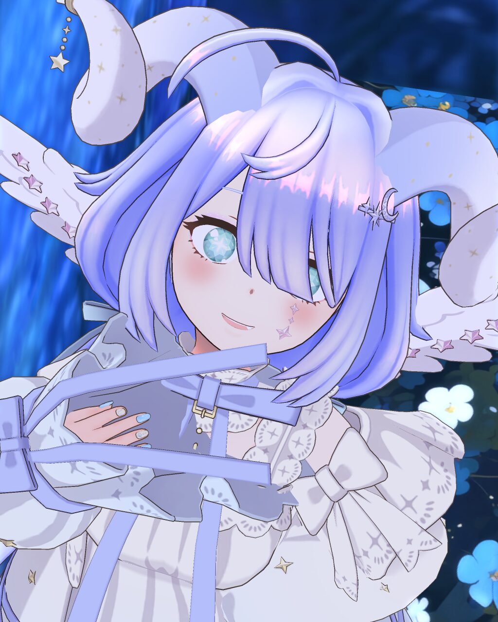 Close-up of a smiling anime-style girl with pastel lavender hair, star decorations, and a frilly white dress.